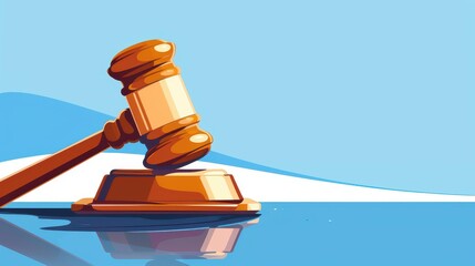 A wooden gavel rests on a shiny surface, symbolizing law and justice in a colorful cartoonstyle illustration.