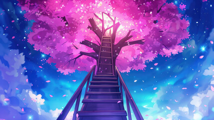 Naklejka premium A stunning aerial view of a tranquil giant tree features a spiral staircase that leads up to a magical retreat.