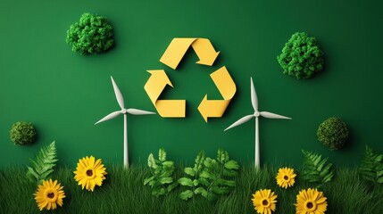 Sustainable Energy Concept with Recycling Symbol, Wind Turbines, and Greenery on a Green Background