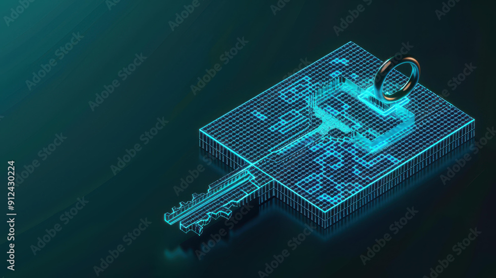 Poster a digital key hologram glows against a blue backdrop, symbolizing advanced security and data protect