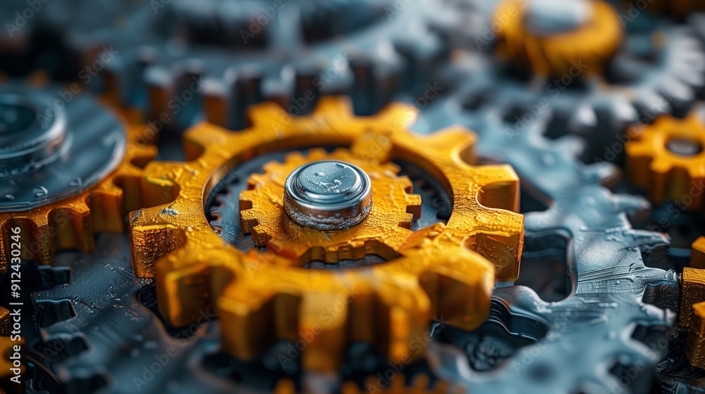 Poster intricate close-up of interlocking gears in an industrial setting during daylight hours