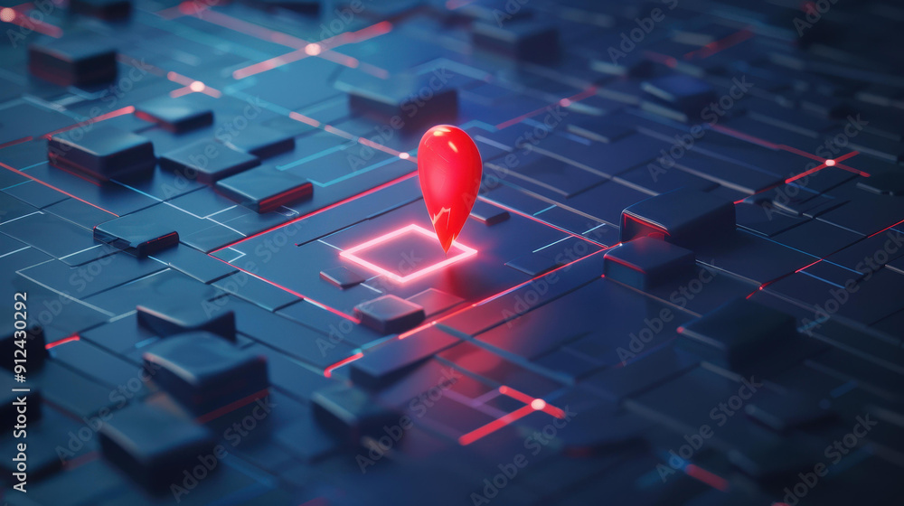 Poster a digital map features a glowing red pin on a dark blue grid, showcasing precise navigation and loca