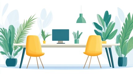 A vibrant office space brimming with greenery, fostering productivity and an ecofriendly atmosphere for all workers.