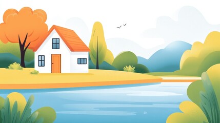 Fototapeta premium Explore a sleek, tiny house by the lake, combining modern design with lush textures in this playful illustration.
