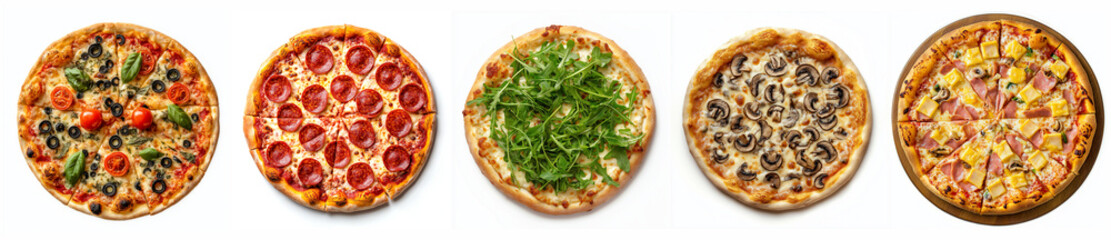 Pizza collection, margharita, pepperoni, arugula, funghi and hawaii, isolated on a transparent...