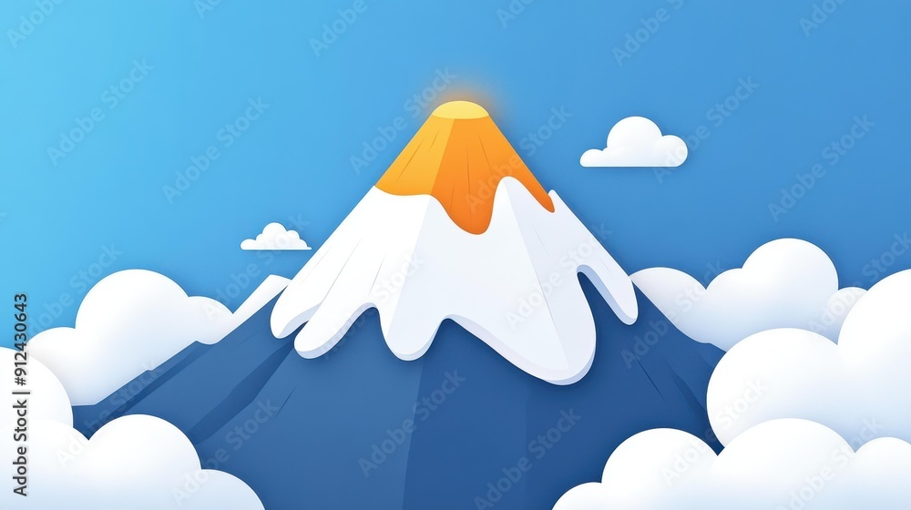 Wall mural Snowcapped mountains rise high, shrouded in clouds, showcasing a stunning golden peak in a playful illustration.