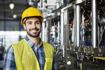 Portrait of cheerful young worker wearing hard hat at modern factory.
