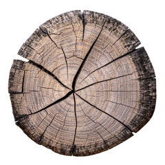 Cross section of tree trunk isolated on white background. Wood texture of tree rings. Cut slice of wooden stump. Textured surface with rings and cracks. Background made of hardwood from the forest.