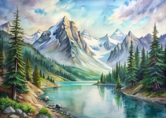 Majestic snow-capped peaks rise above serene alpine lake, surrounded by lush green forest and rugged rocky trails, inviting hikers to explore nature's grandeur.