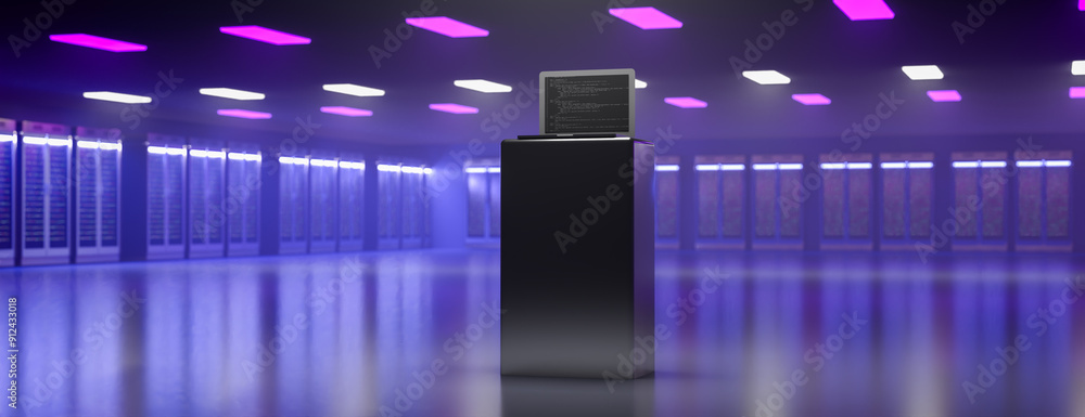Poster server. server data center. backup, mining, hosting, mainframe, farm and computer rack with storage 