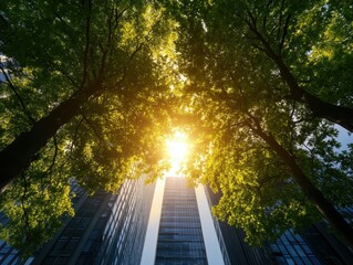 Sunlight Filtering Through Trees in Modern Urban Cityscape with High-Rise Buildings