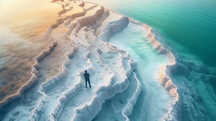 Naklejka premium Man on Unique Terraced Landscape at Sunset