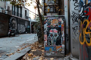 Utility box is covered in stickers and graffiti in a gritty, urban alleyway