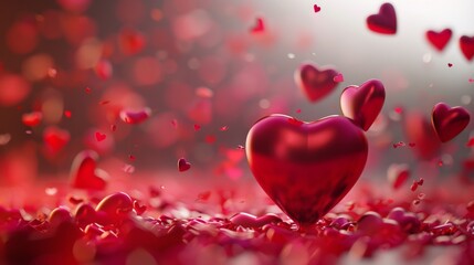 Heart balloons, red hearts, pink background, geometric shapes.