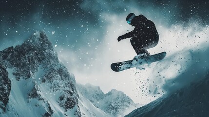 A snowboarder performing a high jump trick in the air against a backdrop of snowy mountains and cloudy sky during winter.