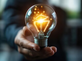 Hand Holding Illuminated Light Bulb with Abstract Geometric Design Representing Innovation and Creativity