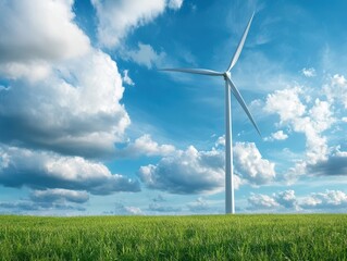 Wind Turbine in a Green Field Under a Blue Sky with White Clouds on a Sunny Day
