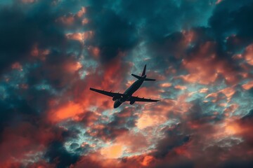 Naklejka premium Airplane landing runway sunset silhouette city lights.