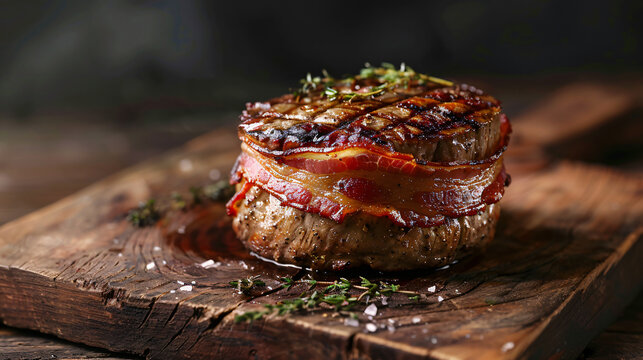 Grilled bacon wrapped filet mignon steak resting on a cutting board