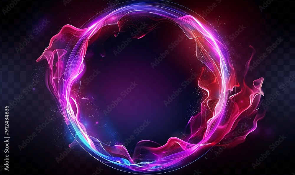 Poster abstract neon energy sphere of particles and waves of magical glowing on a dark background, circle a