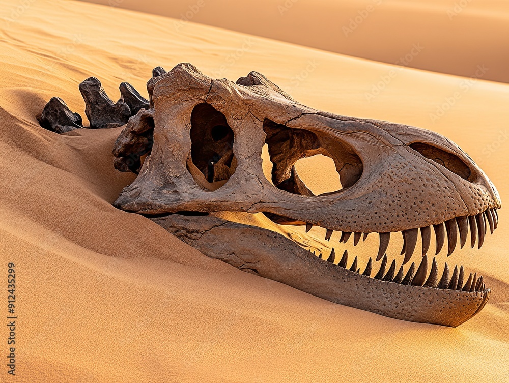 Wall mural close-up of a dinosaur skull fossil partially buried in desert sand, clear copy space on the right, 