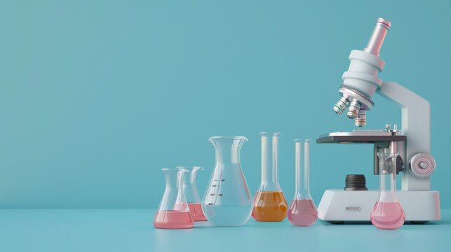 Microscope and beakers,3D render clay style, colorful, isolated on pure solid background