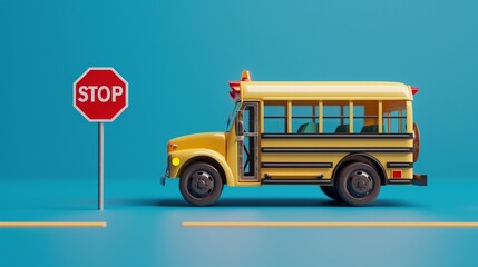School bus and stop sign,3D render clay style, colorful, isolated on pure solid background