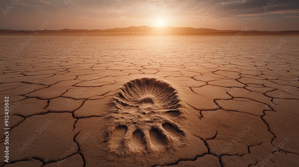 Poster close-up of a fossilized dinosaur footprint in a dry riverbed, desert backdrop, empty space for copy