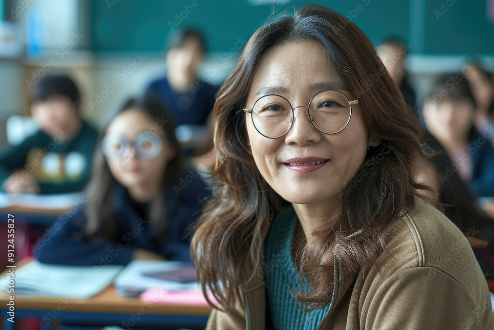 Wall mural A middle-aged female Korean teacher with glasses smiles at the camera in front of her students, wearing business casual