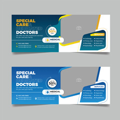 Medical healthcare doctor horizontal cover page design, Hospital business promotional social media marketing banner template