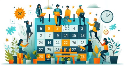 People planning concept. Entrepreneurship and calendar schedule planning with filling course campaign. Vector illustrations business meeting and events organizing process office 