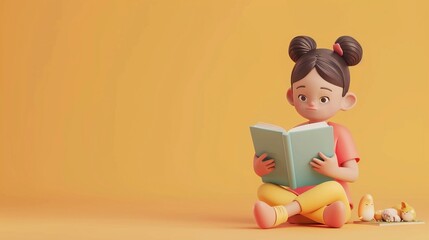 Obraz premium Student reading a book,3D render clay style, colorful, isolated on pure solid background