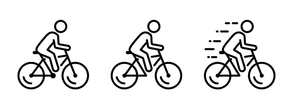 Bicycle with man icon set. Person riding a bike vector illustration. Bicyclist symbol. Bike race sign. Active lifestyle bicycle outline concept.