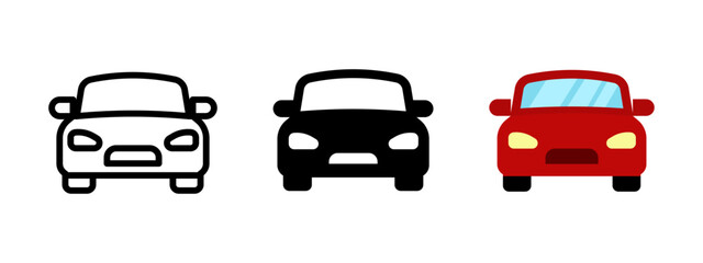 Red car icon. Automobile symbol. Sedan auto vector illustration. Automotive vehicle sign. Car front view concept in different styles - outline, black, flat, colored. Automobile silhouette.