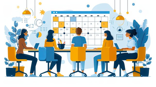 People planning concept. Entrepreneurship and calendar schedule planning with filling course campaign. Vector illustrations business meeting and events organizing process office 