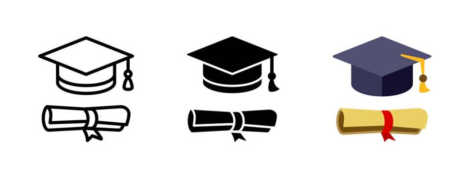 Graduation hat with diploma icon set. Student hat with academic degree certificate vector illustration. College, school and university graduation ceremony concept.