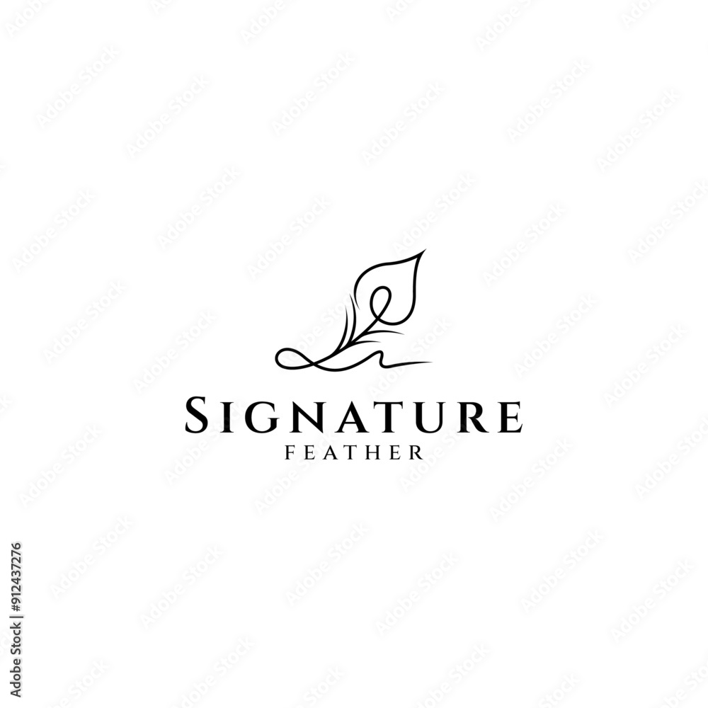 Poster peacock feather logo with signature style in flat vector design style