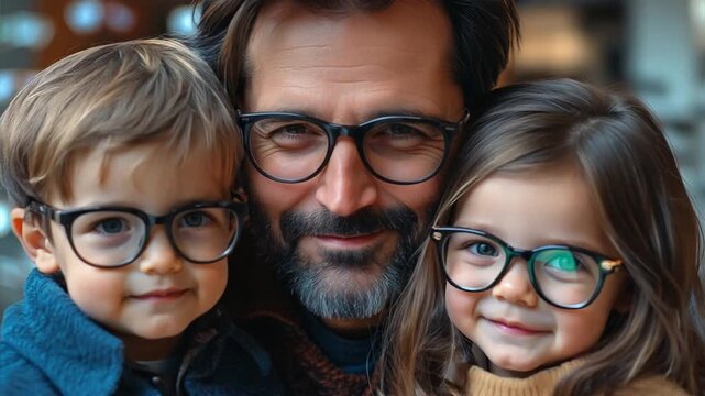 
Father holding a boy and a girl both 5 years old, father and children wearing glasses, the setting is a glasses store with a blue theme, father and children in the center of the photo, vidio 4k