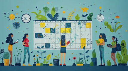 People planning concept. Entrepreneurship and calendar schedule planning with filling course campaign. Vector illustrations business meeting and events organizing process office 