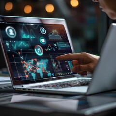 Close-up of a laptop screen displaying productivity software, with a businessman's hand using the touchpad, surrounded by various efficiency-related icons, modern office setting. 