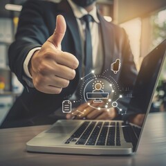 Naklejka premium Businessman giving a thumbs up while working on a laptop, surrounded by floating productivity and efficiency icons, modern office environment with blurred background. 