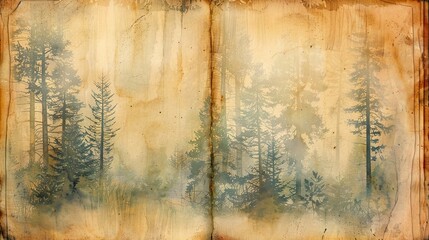 Naklejka premium journal pages, tan vellum, with extremely faded forest in background 