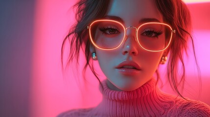 Obraz premium Stylish Young Woman in Neon Glasses Against Vibrant Pink Background