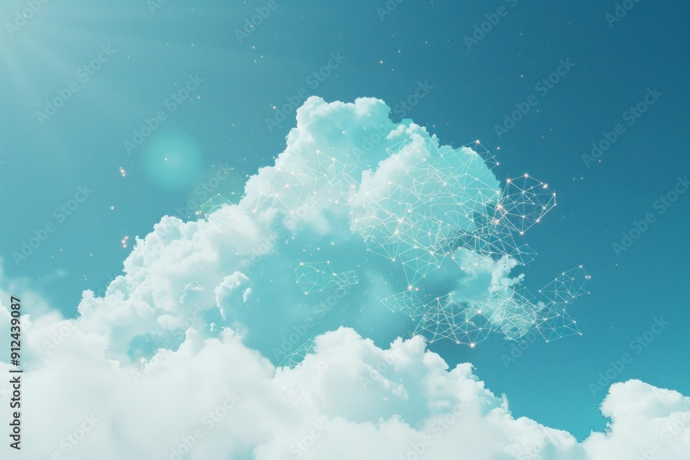 Poster cloud computing network is connecting on fluffy white clouds in blue sky
