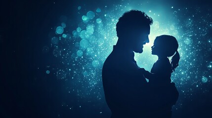 Father Holding Daughter in Silhouette Against Sparkling Blue Background