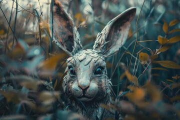 Stone rabbit sculpture camouflaged in the vegetation of a garden