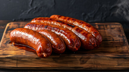 Five juicy sausages with a delicious crust, still steaming after being grilled, resting on a wooden...