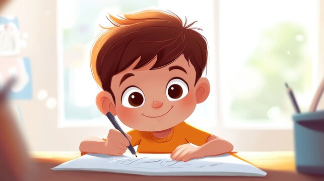Smiling cartoon kid learning to write, feeling focused and happy