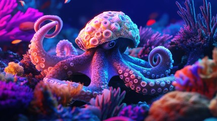 Obraz premium Vibrant 3D Render of a Futuristic Octopus with Cybernetic Helmet in Colorful Underwater Coral Reef