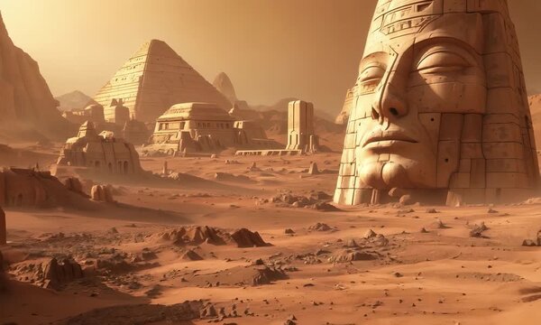 Ruins of ancient alien city on Mars, desolate Martian desert with pyramids, giant carved faces, and other mystical structures hinting at long-lost extraterrestrial civilization.